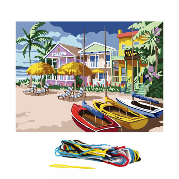 Kit complet canevas 15 x 20 cm paysage caraïbes barques