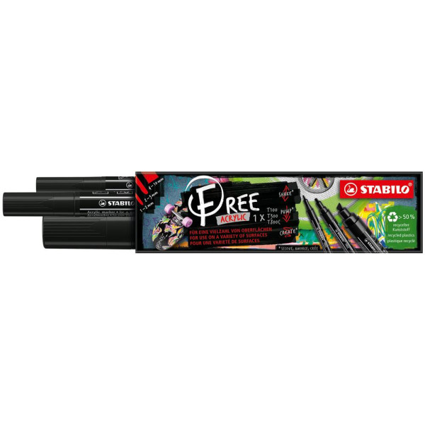 photo-Etui carton de 3 marqueurs STABILO FREE acrylic pointes mixtes - noir