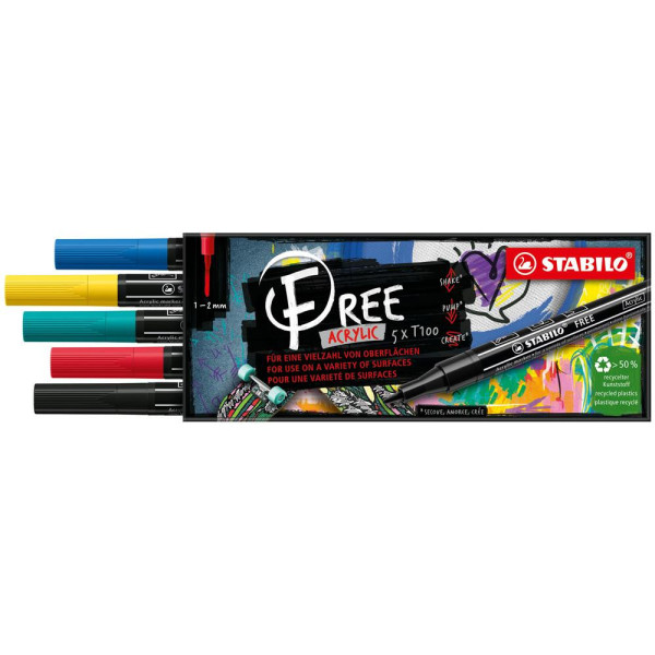 photo-Etui carton de 5 marqueurs STABILO FREE acrylic T100 - pointe fine - Set Royal