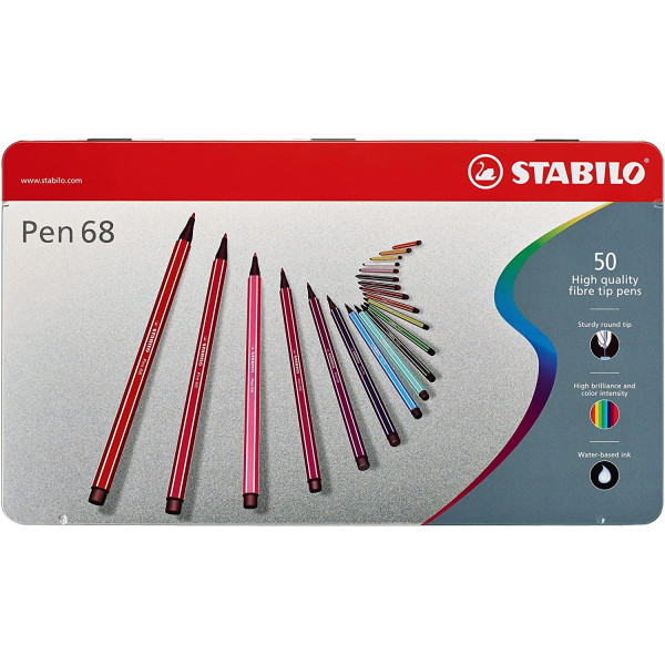 photo-Boîte métal de 50 feutres de dessin STABILO Pen 68 décor premium