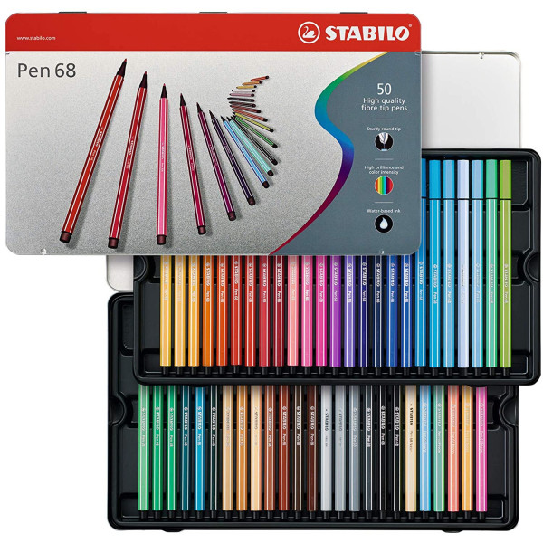 Boîte métal de 50 feutres de dessin STABILO Pen 68 décor premium