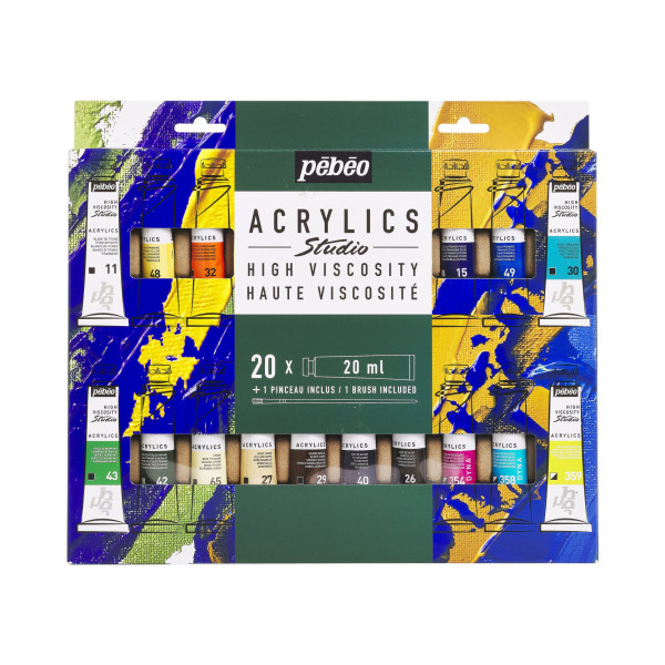 photo-Peinture acrylique - Fine - Haute viscosité - 20 couleurs + pinceau - Tube 20ml - Pébéo