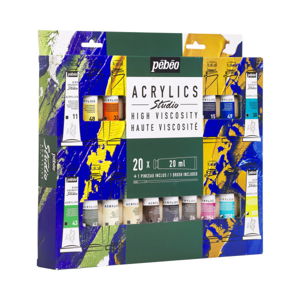 Peinture acrylique - Fine - Haute viscosité - 20 couleurs + pinceau - Tube 20ml - Pébéo