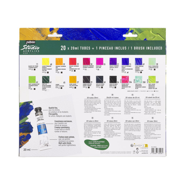 Peinture acrylique - Fine - Haute viscosité - 20 couleurs + pinceau - Tube 20ml - Pébéo