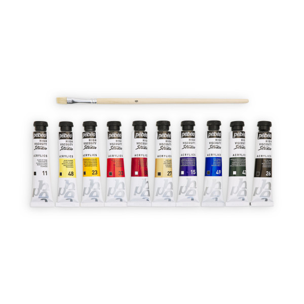 Peinture acrylique - Fine - Haute viscosité - 10 couleurs + pinceau - Tube 20ml - Pébéo