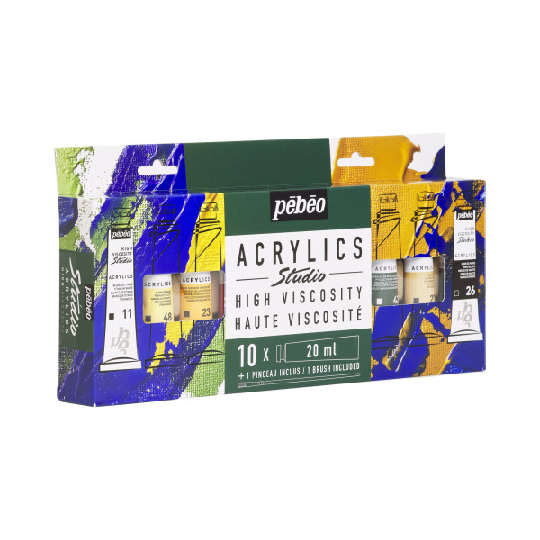 Peinture acrylique - Fine - Haute viscosité - 10 couleurs + pinceau - Tube 20ml - Pébéo