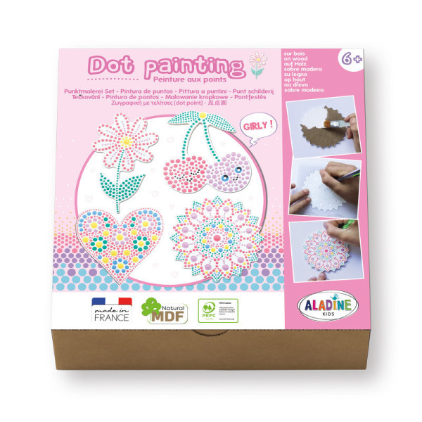 photo-Peinture aux points - Sur bois - Coffret - Modèle girly - Dès 6 ans - Formes, pochoirs, peintures
