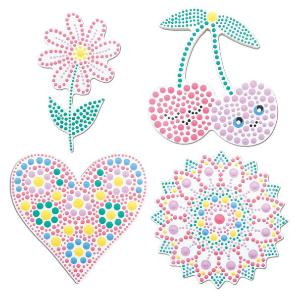 Peinture aux points - Sur bois - Coffret - Modèle girly - Dès 6 ans - Formes, pochoirs, peintures