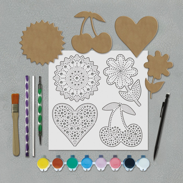 Peinture aux points - Sur bois - Coffret - Modèle girly - Dès 6 ans - Formes, pochoirs, peintures
