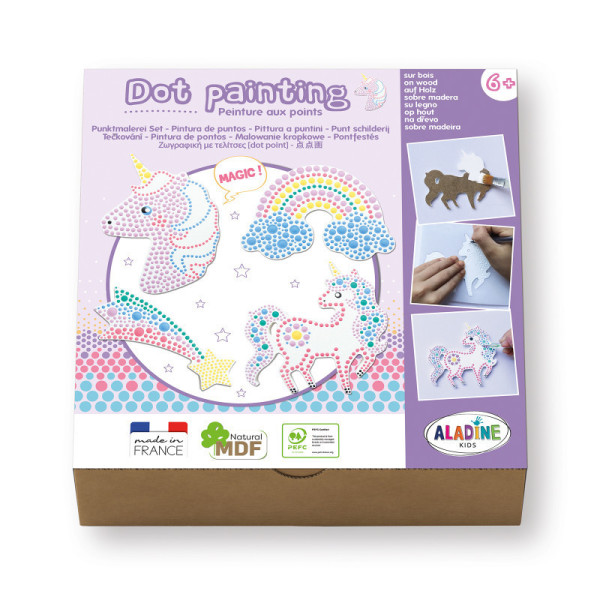 photo-Peinture aux points - Sur bois - Coffret - Modèle licorne - Dès 6 ans - Formes, pochoirs, peintures