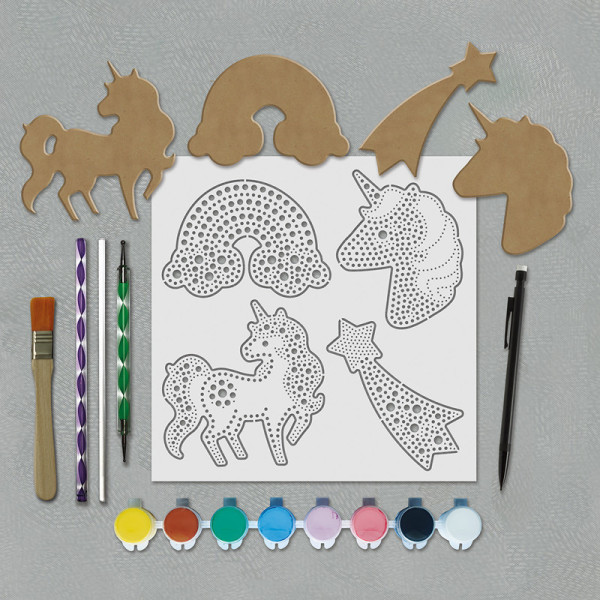 Peinture aux points - Sur bois - Coffret - Modèle licorne - Dès 6 ans - Formes, pochoirs, peintures