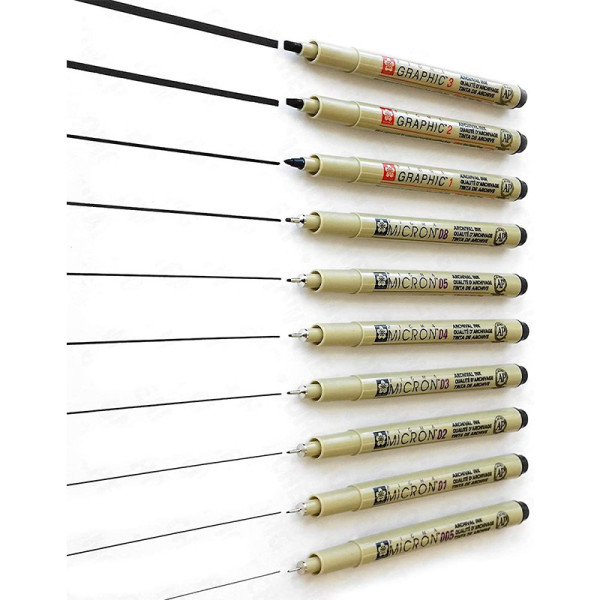 Lot de 10 feutres Pigma Micron et Graphic noir pointes de 0,05 à 3mm