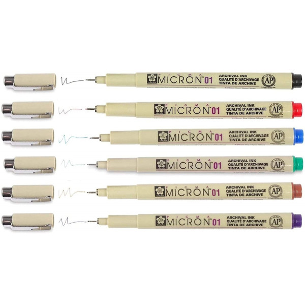 6 feutres Pigma Micron 01 Sakura pointe extra fine 0.25mm assortiment