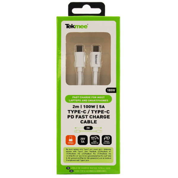Câble  de charge rapide type C 100W 2 mètres blanc Tekmee