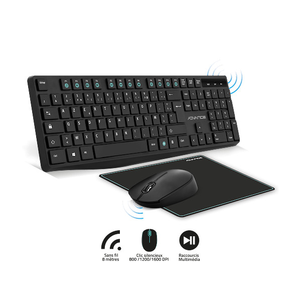 Pack clavier souris tapis sans fil pour ordinateur pc Advance Elite Wireless Combo