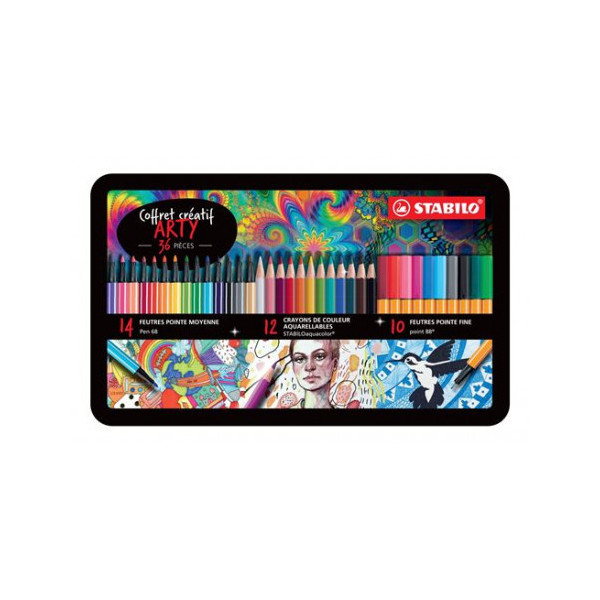 Coffret créatif arty STABILO 36 feutres et crayons PEN68, PEN 68 brush et Aquacolor