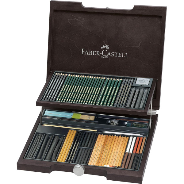 Coffret bois - 76 pièces - Crayons graphite, fusain, sanguine et accessoires - Faber-Castell