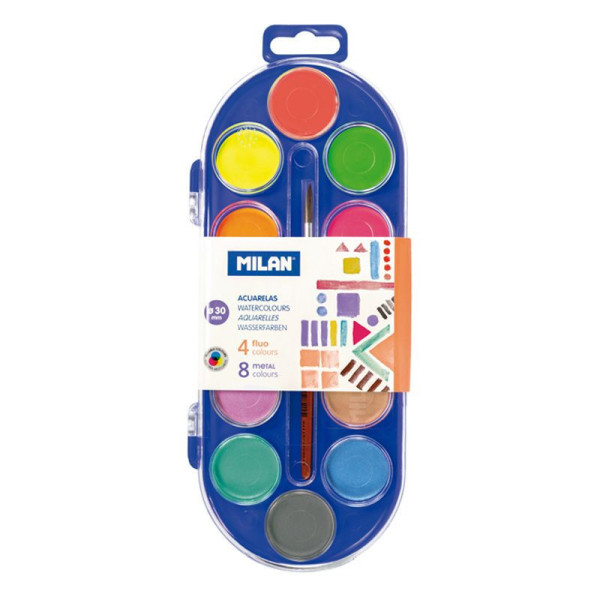 Boîte de peinture à l'eau - 12 couleurs - Couleurs fluos et métallisées - Pinceau inclus