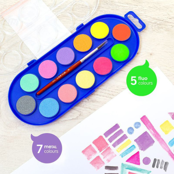 Boîte de peinture à l'eau - 12 couleurs - Couleurs fluos et métallisées - Pinceau inclus