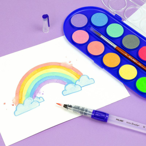 Boîte de peinture à l'eau - 12 couleurs - Couleurs fluos et métallisées - Pinceau inclus