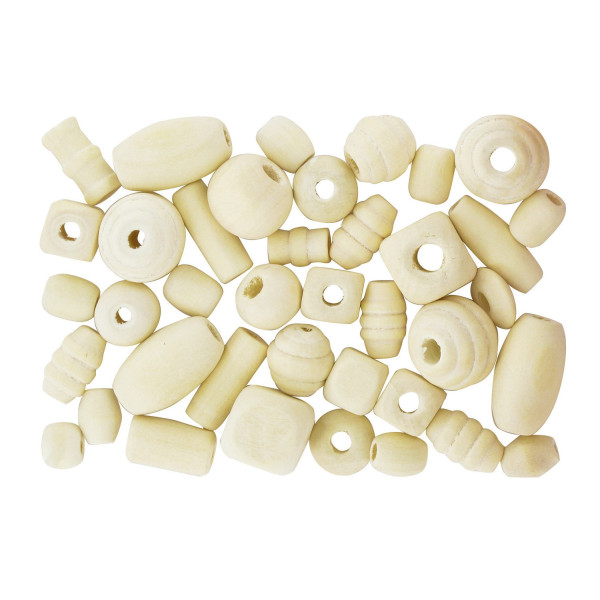 Perles en bois naturel - Assortiment de formes - de 0,5 à 2 cm - 50 g