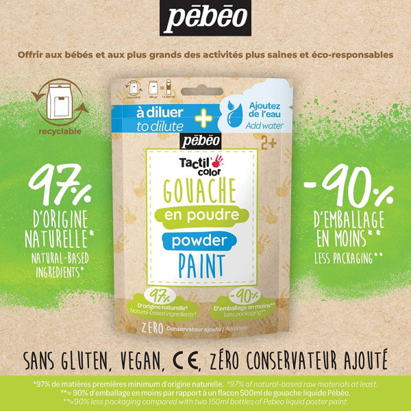 Peinture gouache - Enfant - Poudre à mélanger - 4 couleurs - Naturelle - Pébéo - Tact'il Color