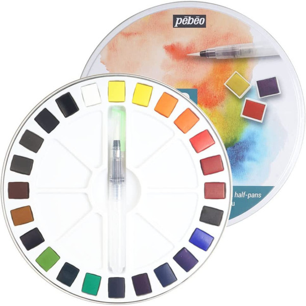 Peinture aquarelle - Fine - Coffret métal de 24 demi-godets - Pinceau inclus - Pébéo