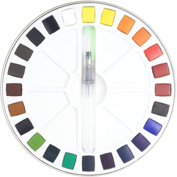 Peinture aquarelle - Fine - Coffret métal de 24 demi-godets - Pinceau inclus - Pébéo