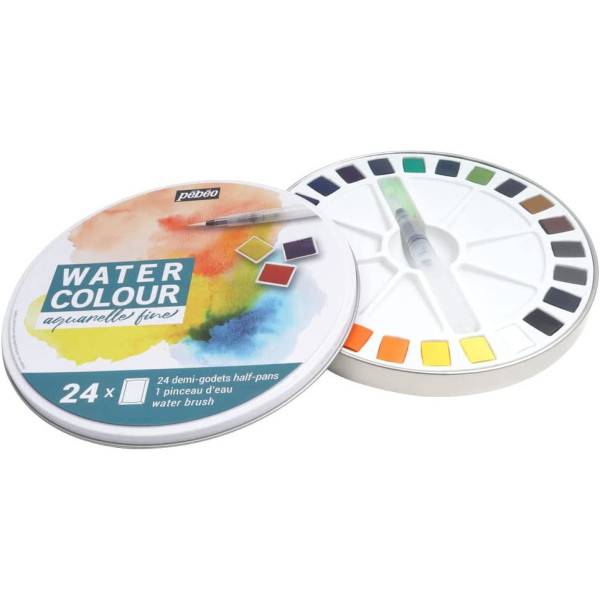 Peinture aquarelle - Fine - Coffret métal de 24 demi-godets - Pinceau inclus - Pébéo