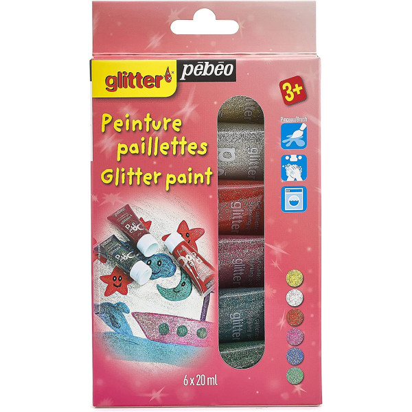 Tube de peinture à paillettes - Pébéo - Glitter - 6 tubes de 20ml