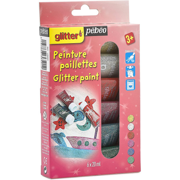 Tube de peinture à paillettes - Pébéo - Glitter - 6 tubes de 20ml