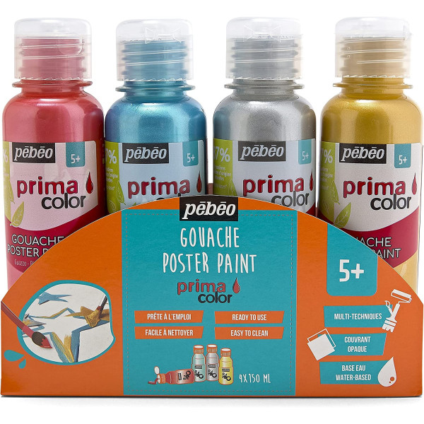 photo-Peinture gouache - Enfant - Couleurs nacrées - 4 tubes 150 ml - Pébéo - Primacolor