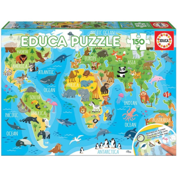 photo-Puzzle - Carte du monde avec les animaux - Jeu éducatif - 150 pièces - Dès 6 ans