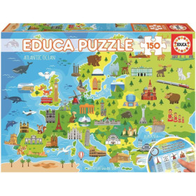 photo-Puzzle - Carte de l'Europe - Animaux - Monuments - Jeu éducatif - 150 pièces - Dès 6 ans