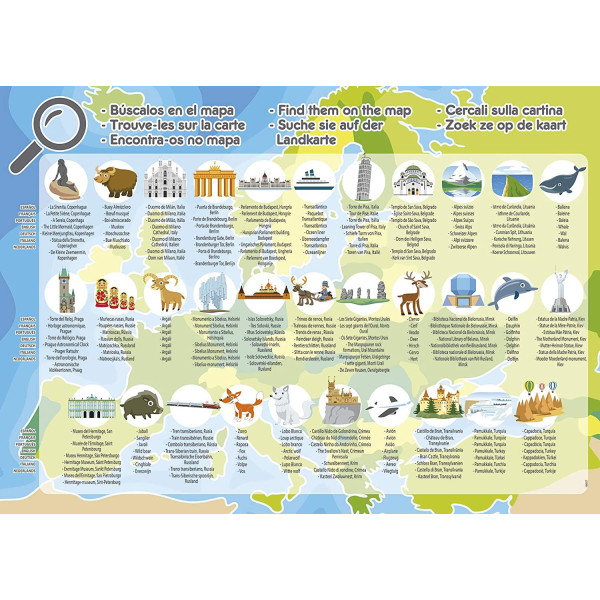 Puzzle - Carte de l'Europe - Animaux - Monuments - Jeu éducatif - 150 pièces - Dès 6 ans