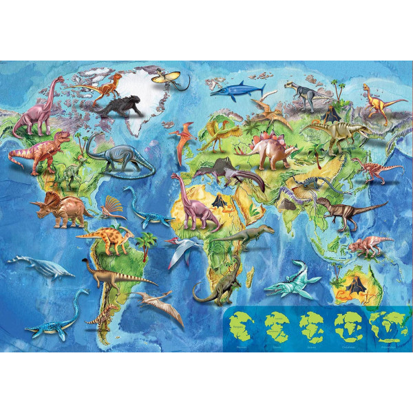 Puzzle - Carte du monde avec les dinosaures - Jeu éducatif - 150 pièces - Dès 6 ans