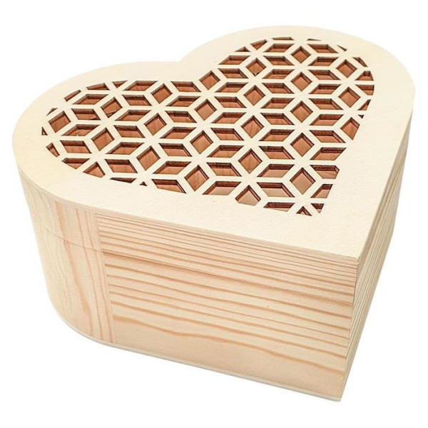 photo - Boite à bijoux - Coeur - Bois ciselé - 15x14,5x7cm - A décorer et personnaliser