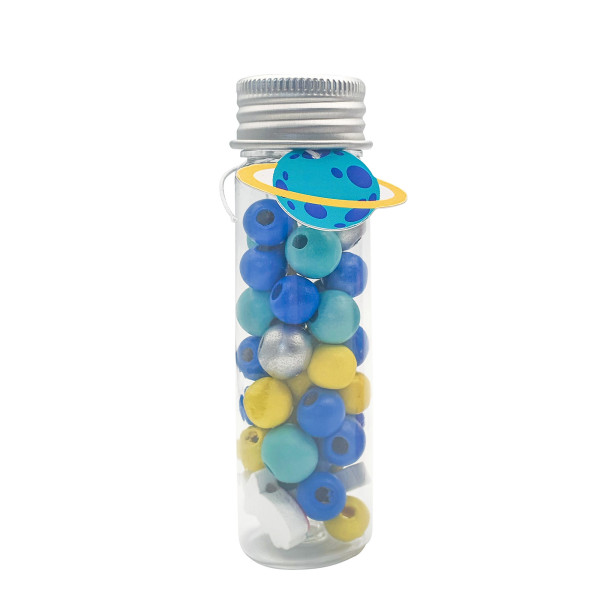 photo - Perles en bois - Tons bleu, jaune et argent + fil transparent - Tube de 15g