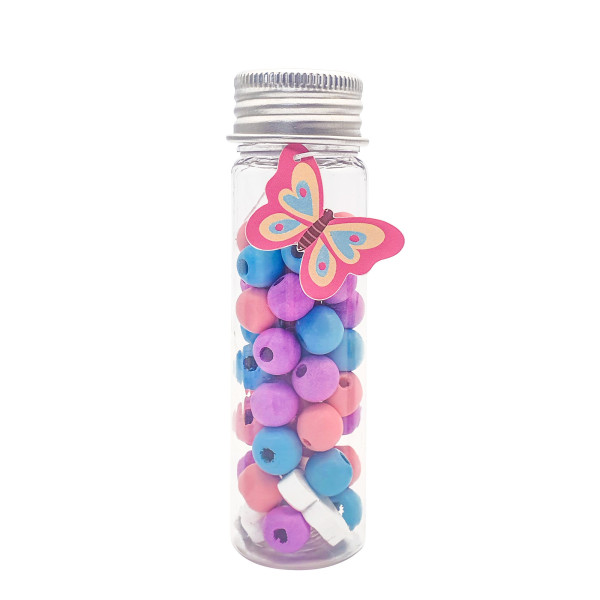 photo - Perles en bois - Tons bleu, rose, violet + fil transparent - Tube de 15g