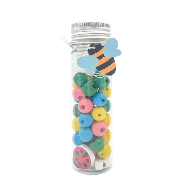 photo - Perles en bois - Tons bleu, jaune, vert et rose + fil transparent - Tube de 15g