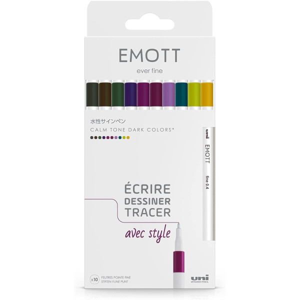 photo - Feutres - Dessin - Ecriture - Coloriage - 10 couleurs tons calmes - Pointe fine - EMOTT