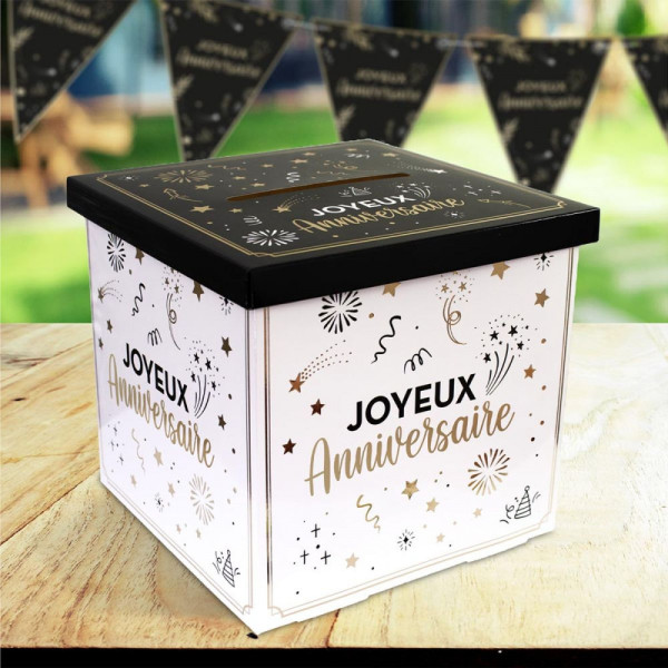 Urne - Joyeux anniversaire - 20x20cm - Carton - Noir et blanc - Fête - Cagnotte