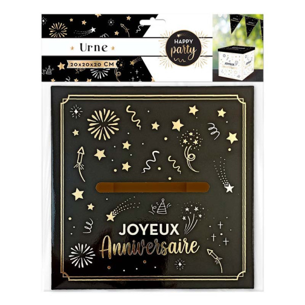 Urne - Joyeux anniversaire - 20x20cm - Carton - Noir et blanc - Fête - Cagnotte