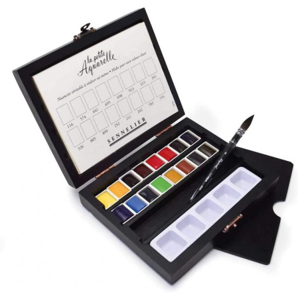 Coffret En Bois De 16 Demi-Godets Aquarelle Fine - Sennelier