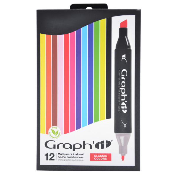 photo - Marqueurs - Feutres à alcool - Double pointe - Graph'it - 12 couleurs classiques