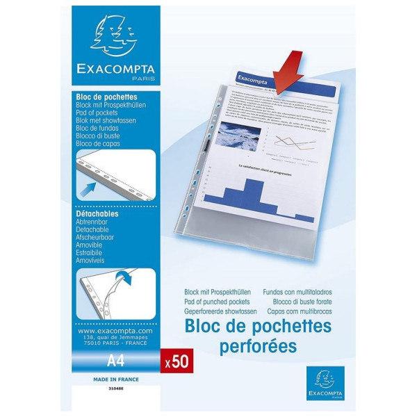 Bloc de 50 pochettes perforées en plastique transparentes lisses A4 Exacompta