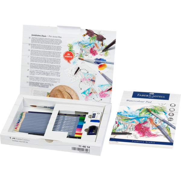 12 crayons de couleur aquarelle Faber-Castell Goldfaber avec accessoires