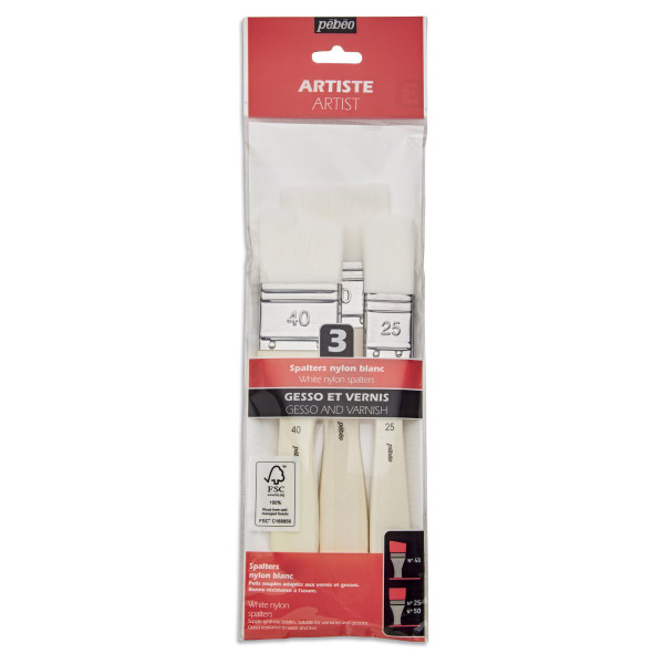 Spalters - Pinceaux plats - 3 formes et tailles - Gesso - Vernis - Fibres nylon blanc - Pébéo
