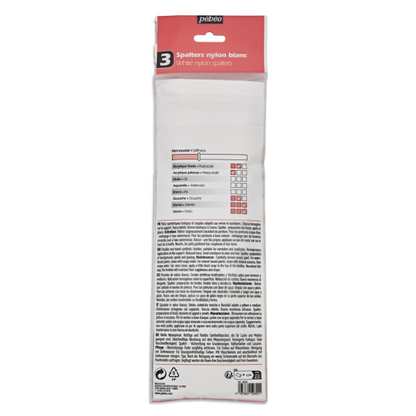 Spalters - Pinceaux plats - 3 formes et tailles - Gesso - Vernis - Fibres nylon blanc - Pébéo