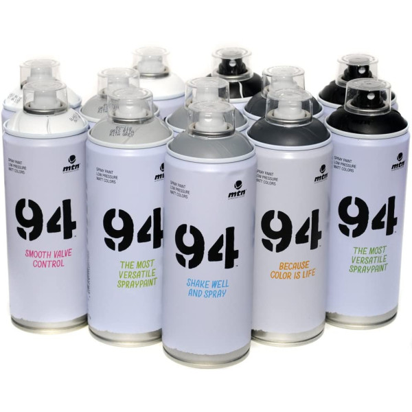 Lot de 12 bombes de peinture - MTN 94 - échelle de gris - 400ml